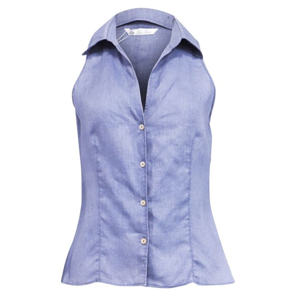 Loro Piana Sleeveless Button Up Blouse in Light Blue Linen